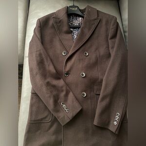TALLIA Brown Pea Coat Double Breasted with Wide Lapels